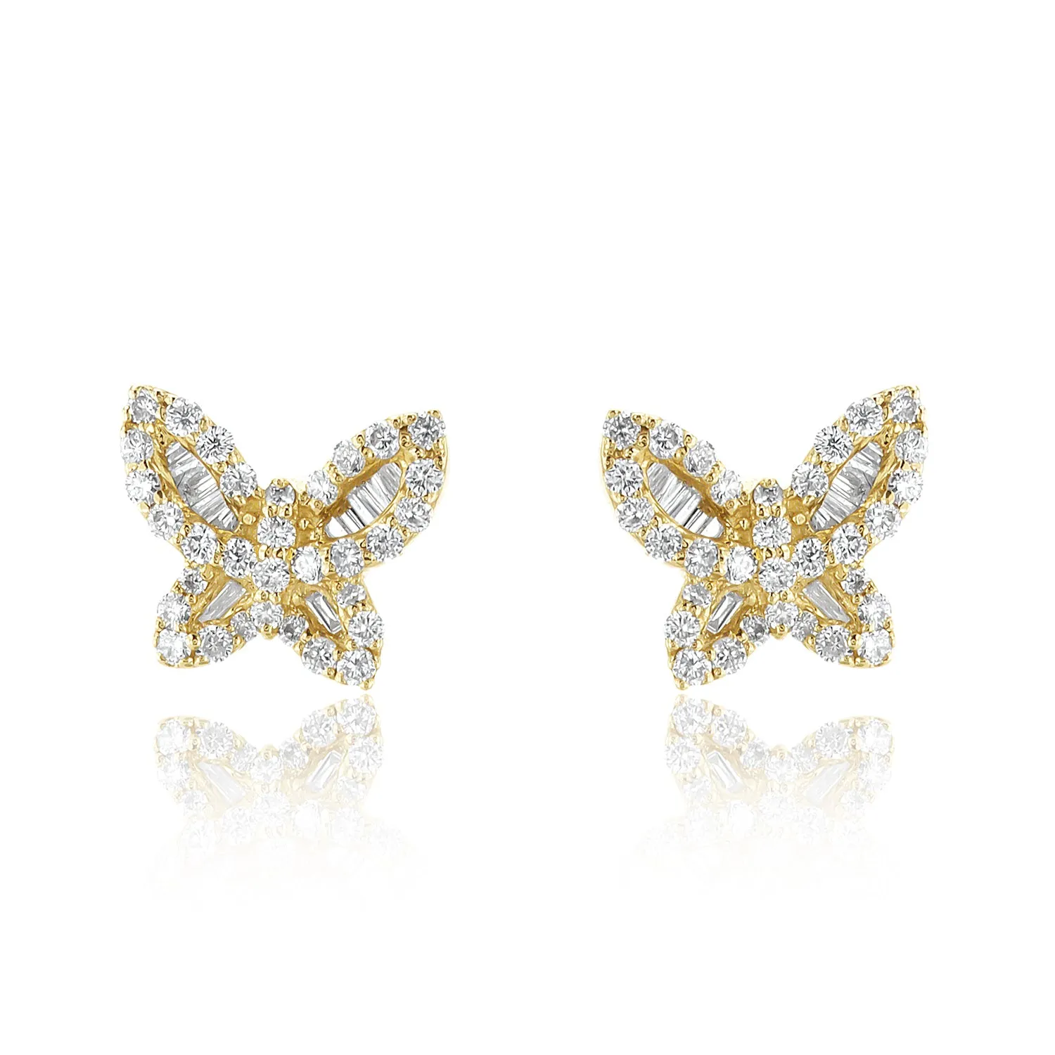 0.60 Carat Baguette and Round Diamond Butterfly Studs in 14K Yellow Gold