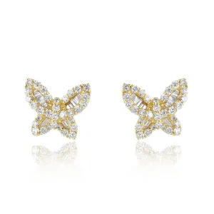 0.60 Carat Baguette and Round Diamond Butterfly Studs in 14K Yellow Gold