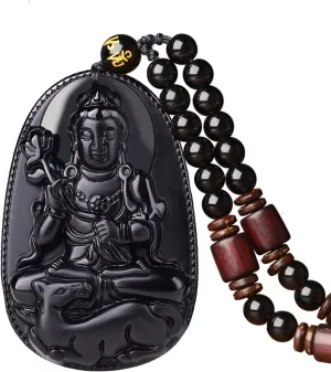 100% Pure Obsidian Natural Pendant Necklace Zodiac Bodhisattva Amulet Talisman