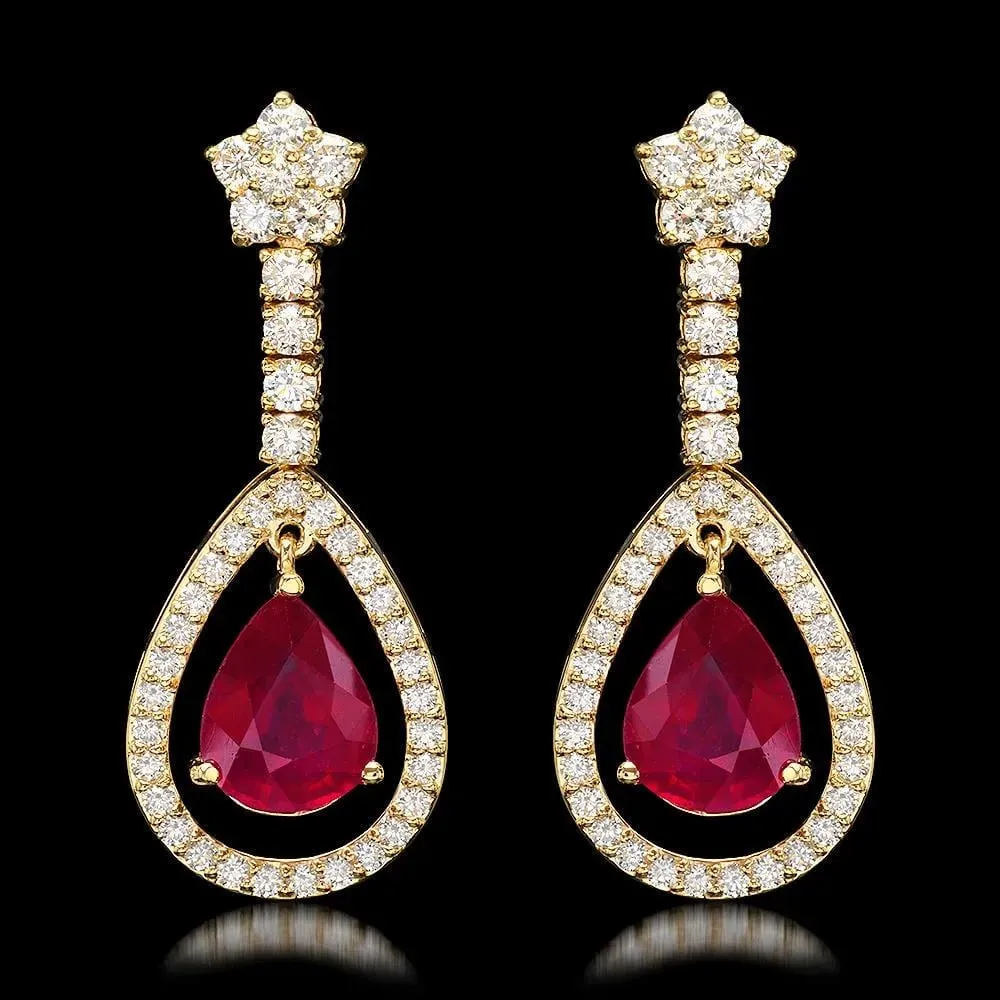 11.70Ct Natural Ruby and Diamond 14K Solid Yellow Gold Earrings