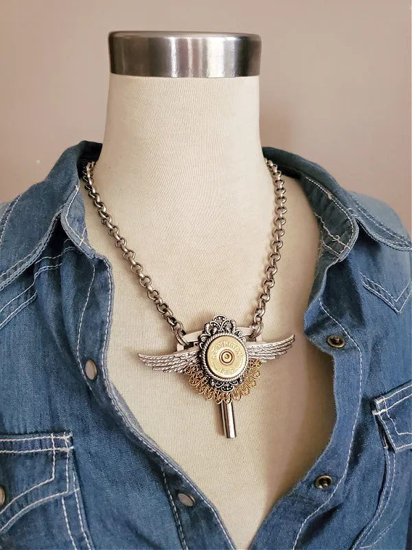12 Gauge Shotshell Winged Winder Key Statement Necklace