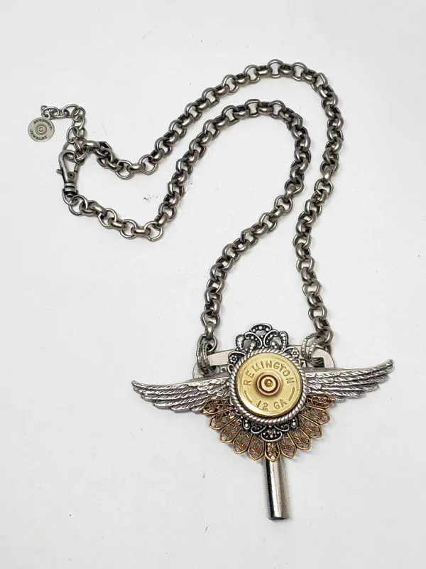 12 Gauge Shotshell Winged Winder Key Statement Necklace