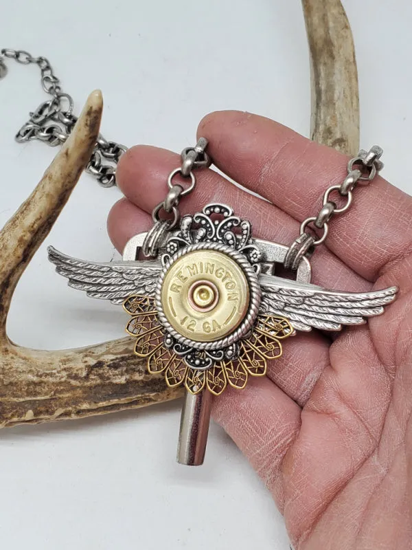 12 Gauge Shotshell Winged Winder Key Statement Necklace