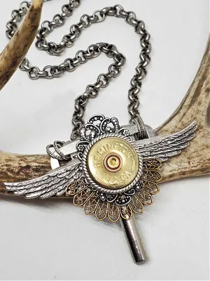 12 Gauge Shotshell Winged Winder Key Statement Necklace