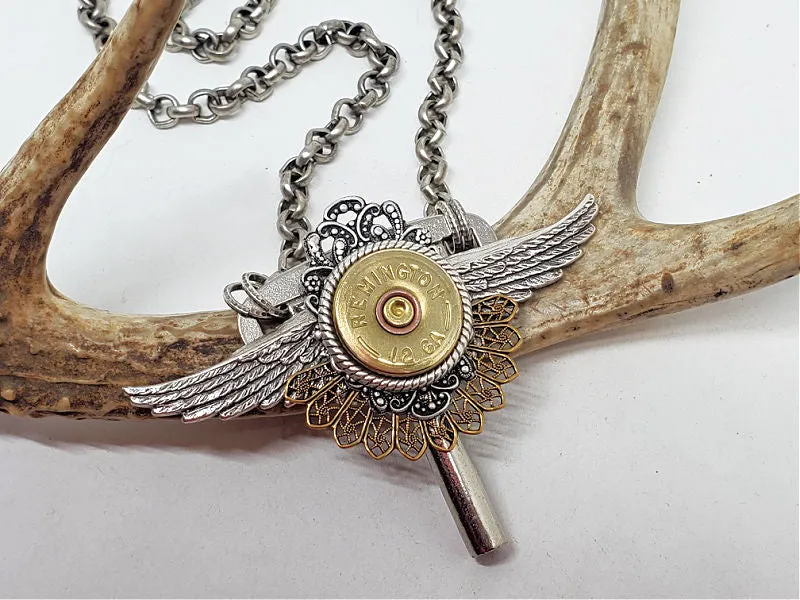 12 Gauge Shotshell Winged Winder Key Statement Necklace