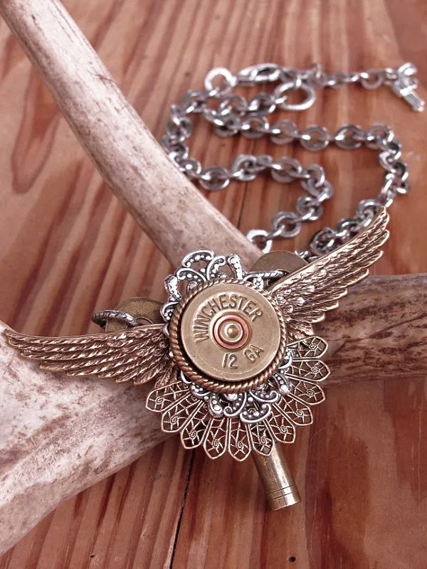 12 Gauge Shotshell Winged Winder Key Statement Necklace