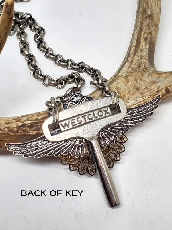 12 Gauge Shotshell Winged Winder Key Statement Necklace