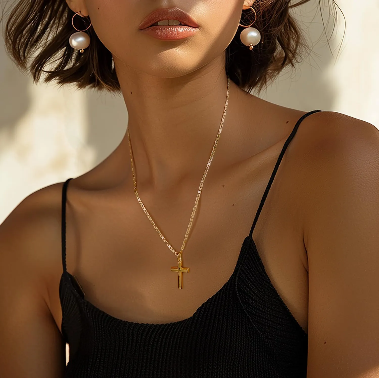 14k Gold Cross Necklace for Women Gold Cross Pendant Figaro Chain Mariner Masculine Appeal 19 INCH