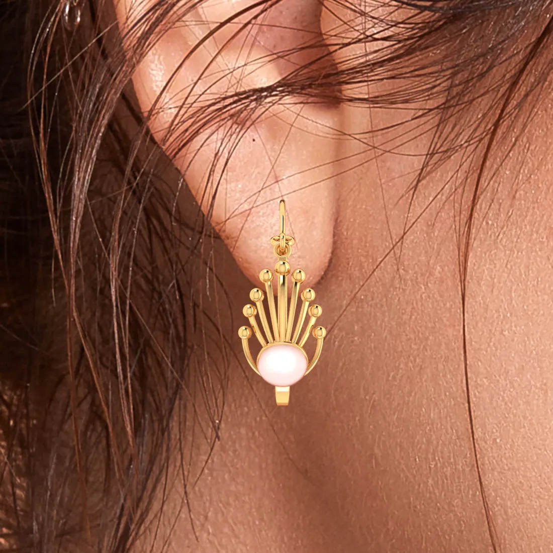 14k Gold Earrings With Very Distinct Design And A Spherical Bead In Between