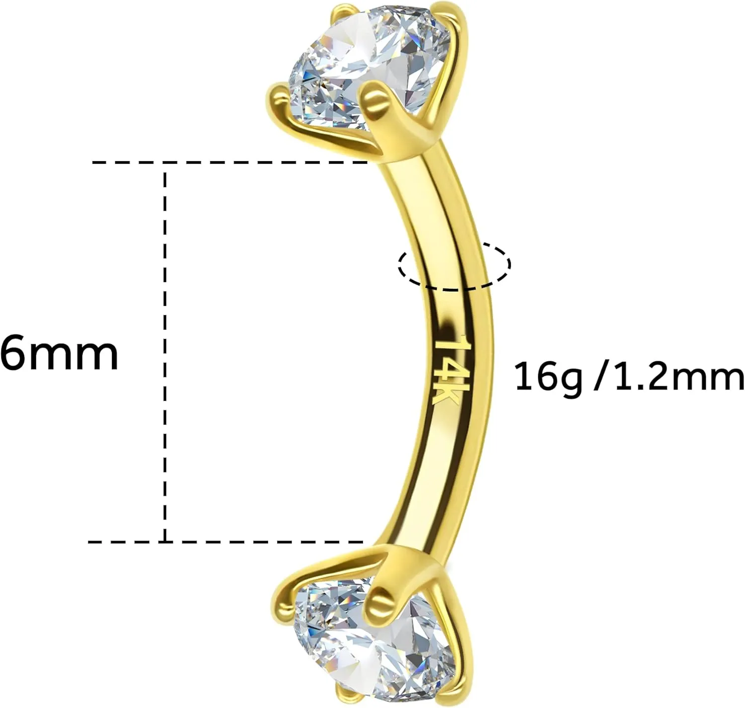 14k Gold Eyebrow Rings, 16G Barbell, Rook Piercing Jewelry, 8mm Daith, Labret Piercings Body Jewelry