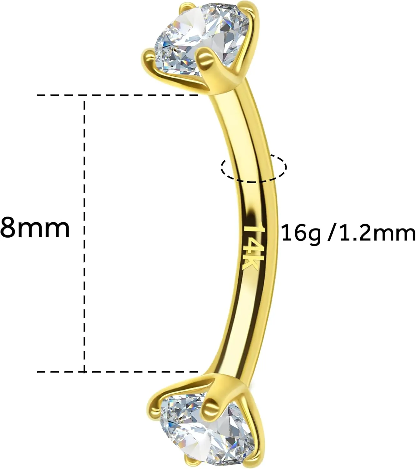 14k Gold Eyebrow Rings, 16G Barbell, Rook Piercing Jewelry, 8mm Daith, Labret Piercings Body Jewelry