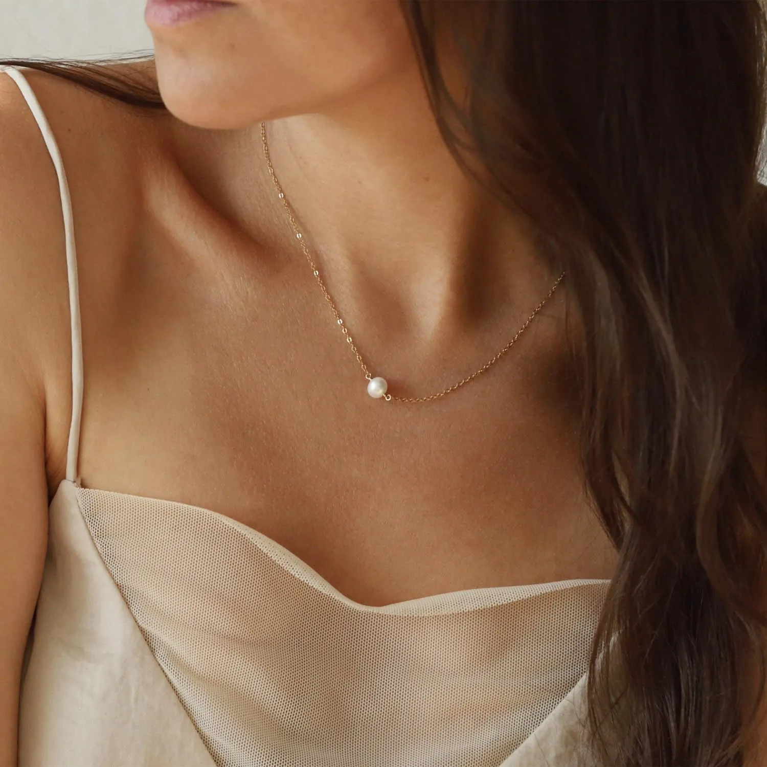 14K Gold or White Gold Plated Pearl Necklace for Women - Dainty Y-Necklace Choker 16.5 Inch