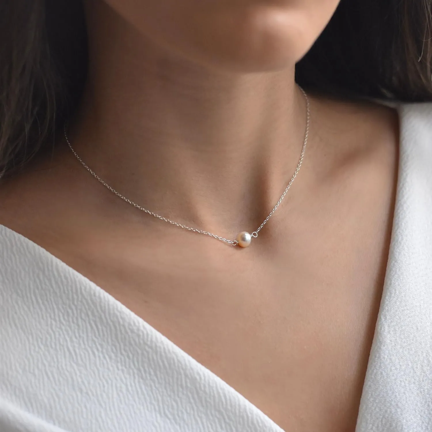 14K Gold or White Gold Plated Pearl Necklace for Women - Dainty Y-Necklace Choker 16.5 Inch