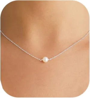 14K Gold or White Gold Plated Pearl Necklace for Women - Dainty Y-Necklace Choker 16.5 Inch