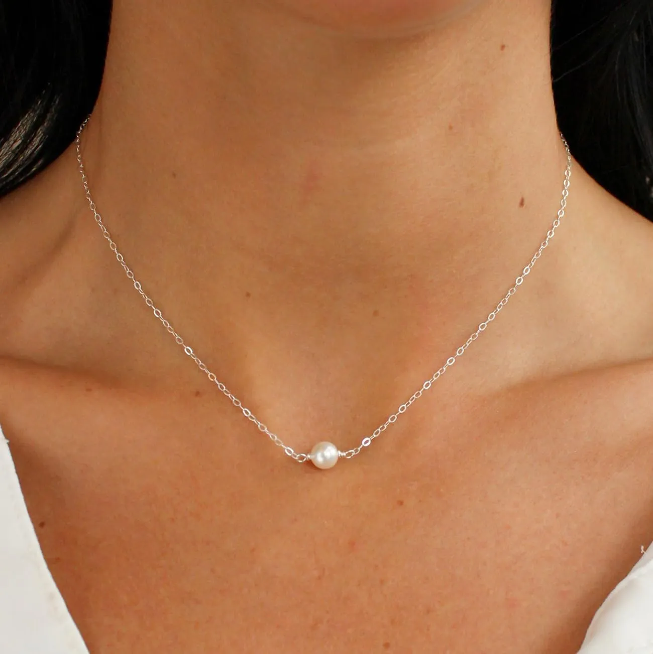 14K Gold or White Gold Plated Pearl Necklace for Women - Dainty Y-Necklace Choker 16.5 Inch