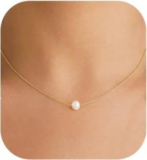 14K Gold or White Gold Plated Pearl Necklace for Women - Dainty Y-Necklace Choker 16.5 Inch