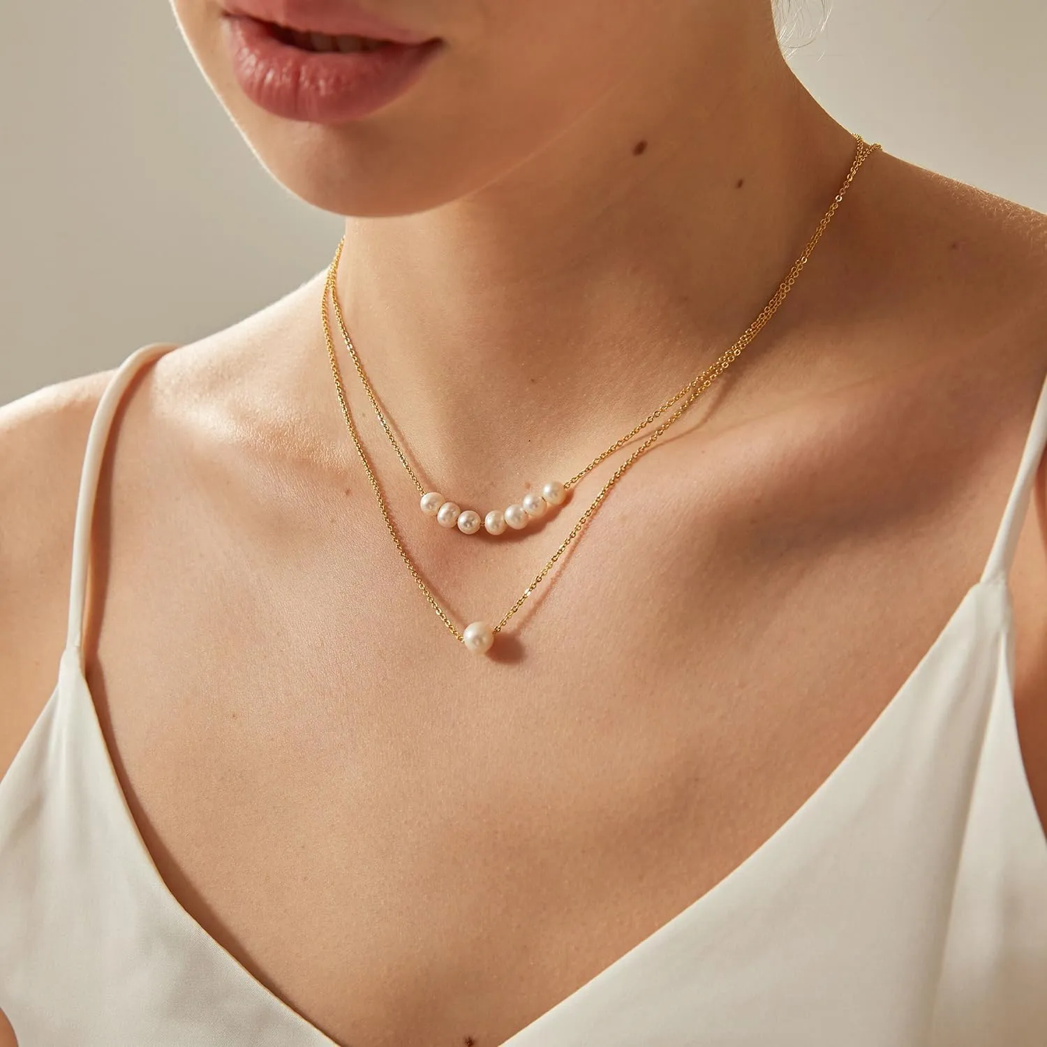 14K Gold or White Gold Plated Pearl Necklace for Women - Dainty Y-Necklace Choker 16.5 Inch