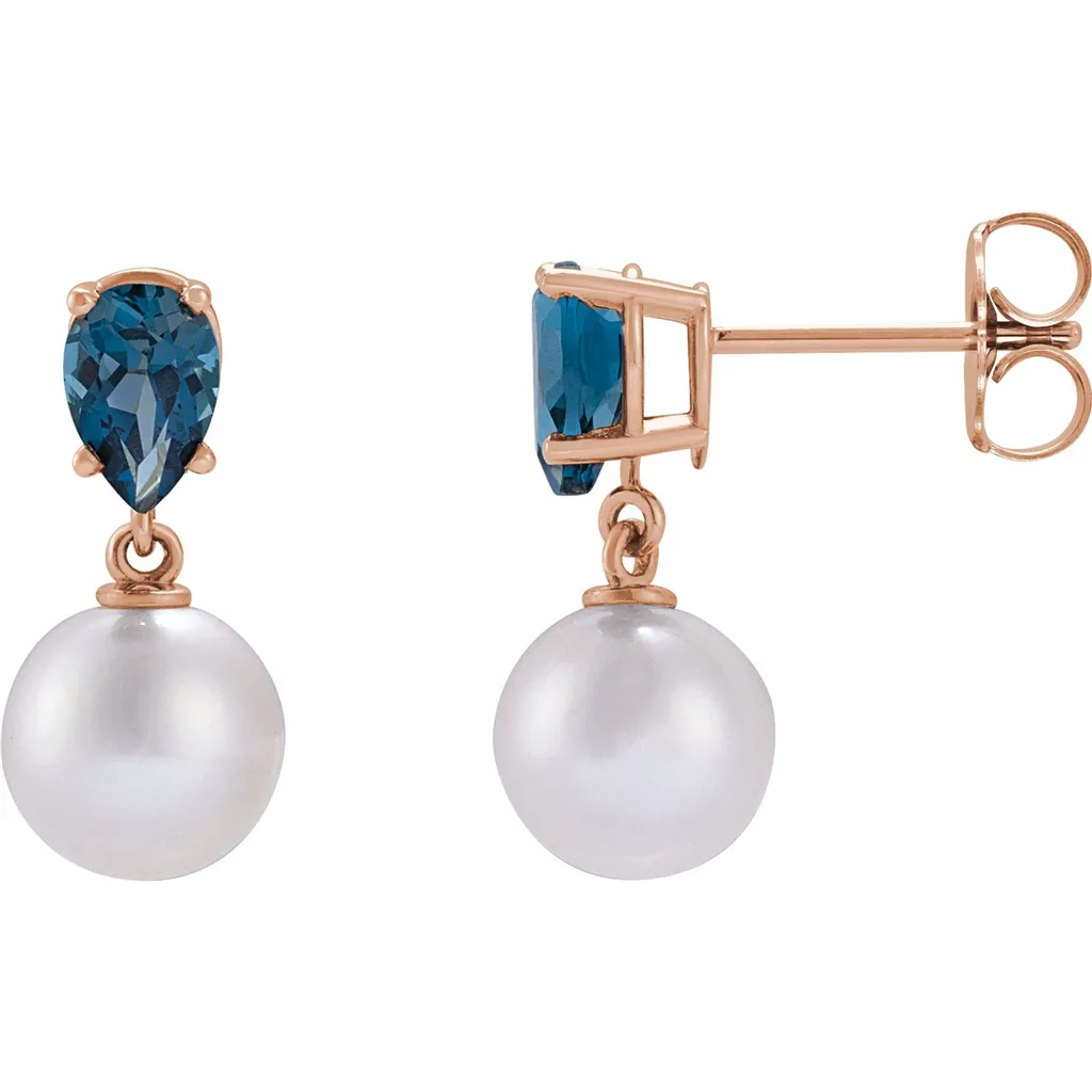 14K Rose Gold Akoya Pearl & Pear Shaped London Blue Topaz Earrings