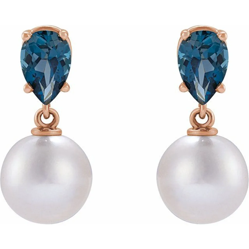 14K Rose Gold Akoya Pearl & Pear Shaped London Blue Topaz Earrings