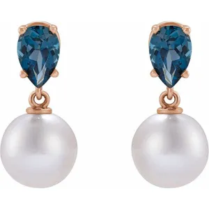 14K Rose Gold Akoya Pearl & Pear Shaped London Blue Topaz Earrings