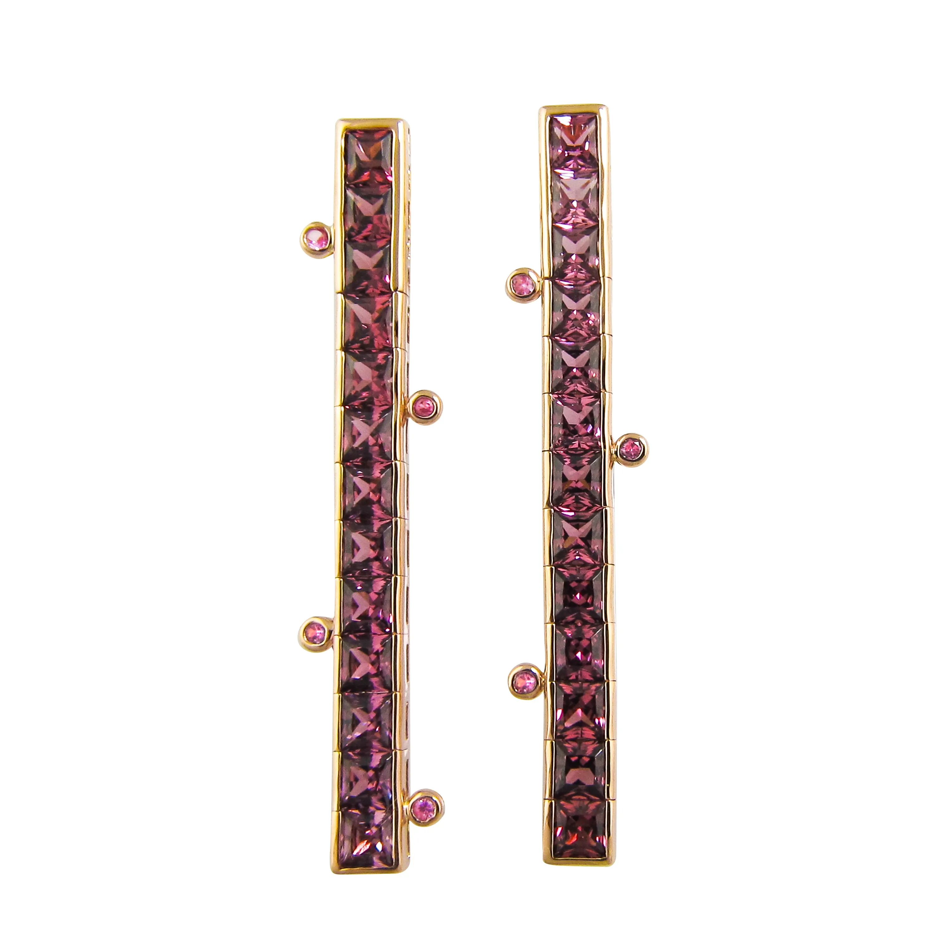 14K Rose Rhodolite Garnet, Pink Sapphire and Natural Diamond Stiletto Earrings