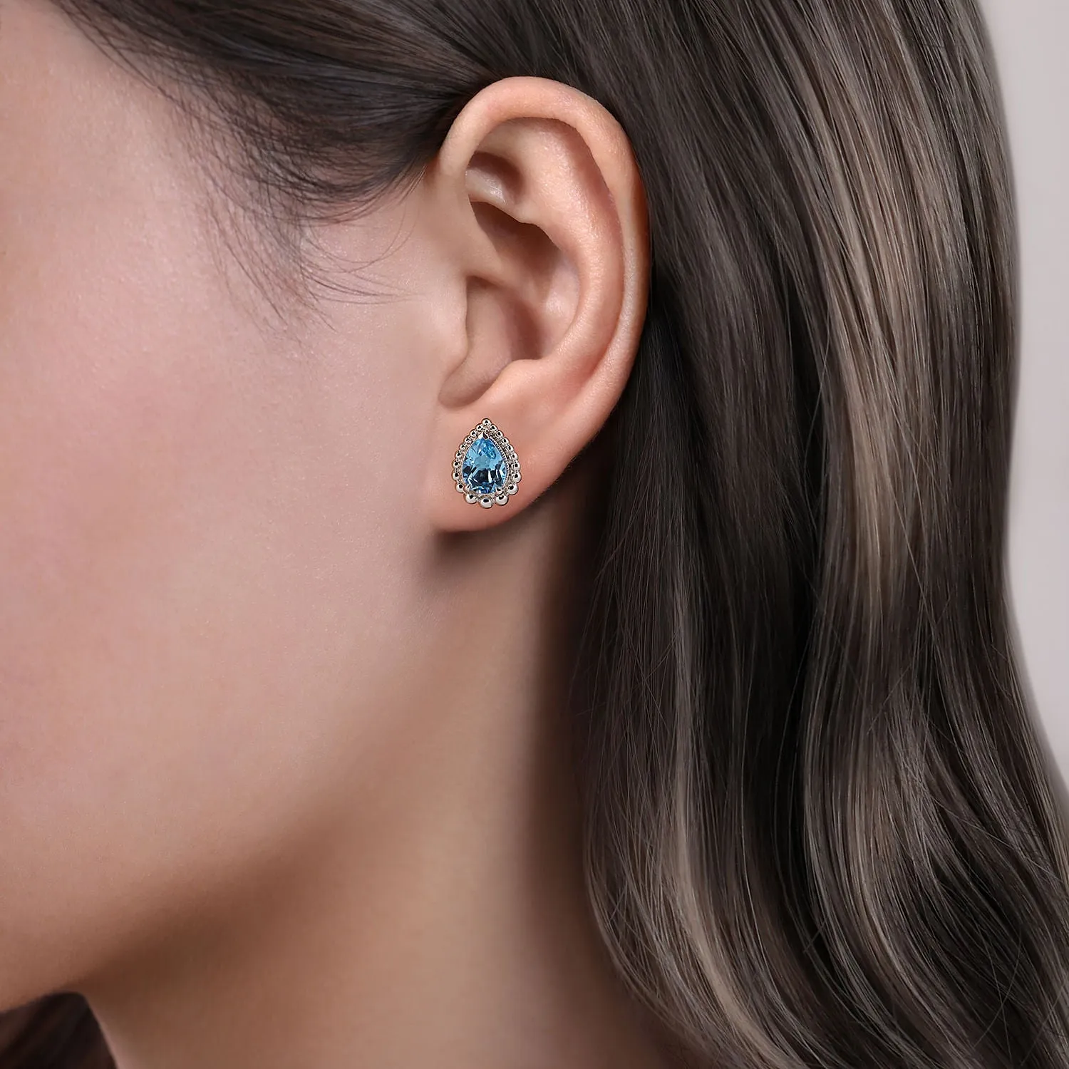 14K White Blue Topaz and Natural Diamond Stud Earrings