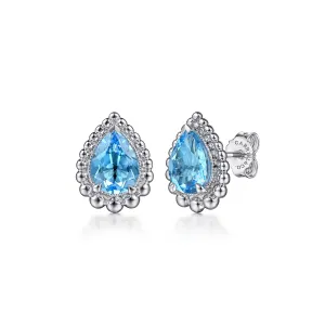 14K White Blue Topaz and Natural Diamond Stud Earrings