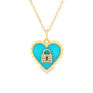 14k Yellow Gold Diamond & Turquoise Heart Pendant