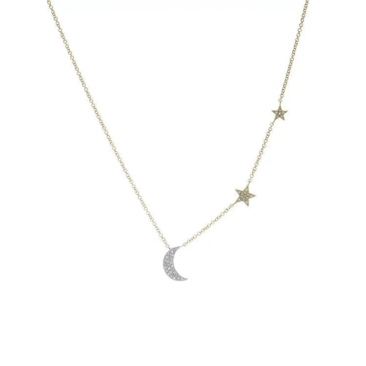 14k Yellow Gold Diamond Moon & Star Necklace