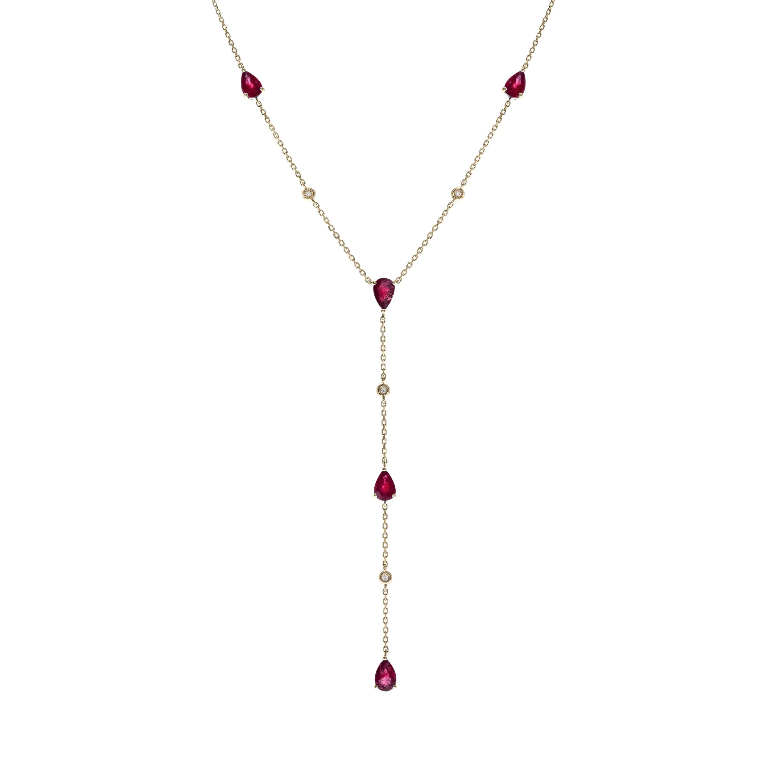 14k Yellow Gold Pear Cut Ruby Station Lariat Necklace