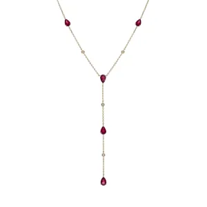 14k Yellow Gold Pear Cut Ruby Station Lariat Necklace