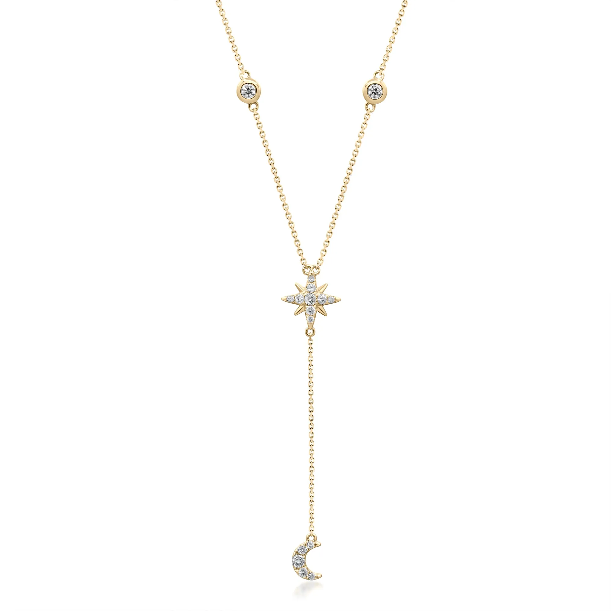 14k Yellow Gold Star and Moon Diamond Lariat Necklace