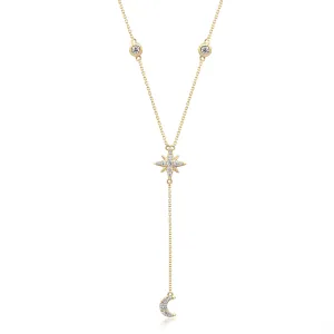 14k Yellow Gold Star and Moon Diamond Lariat Necklace