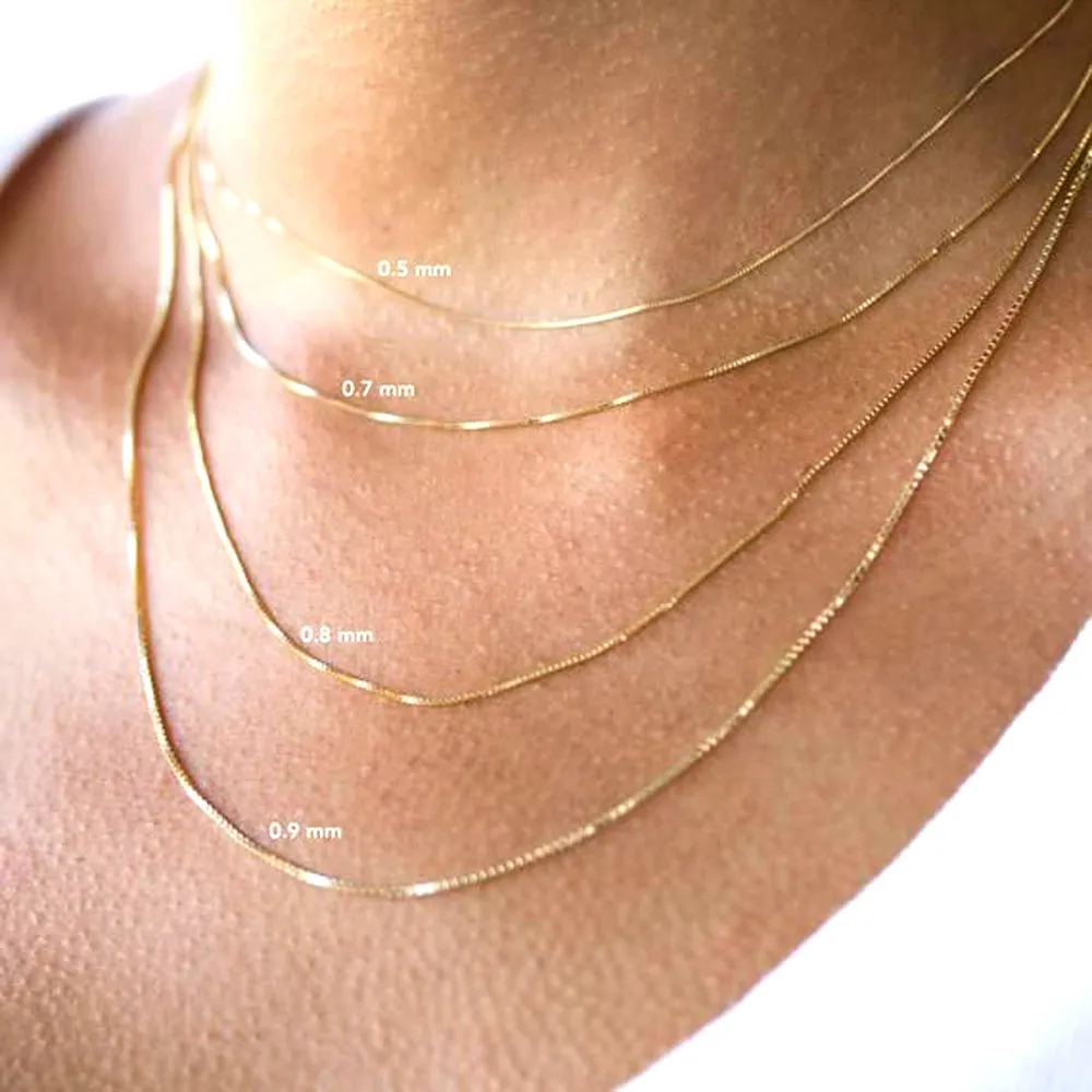 14k Yellow Solid Gold Mirror Box Chain Necklace, 0.45mm