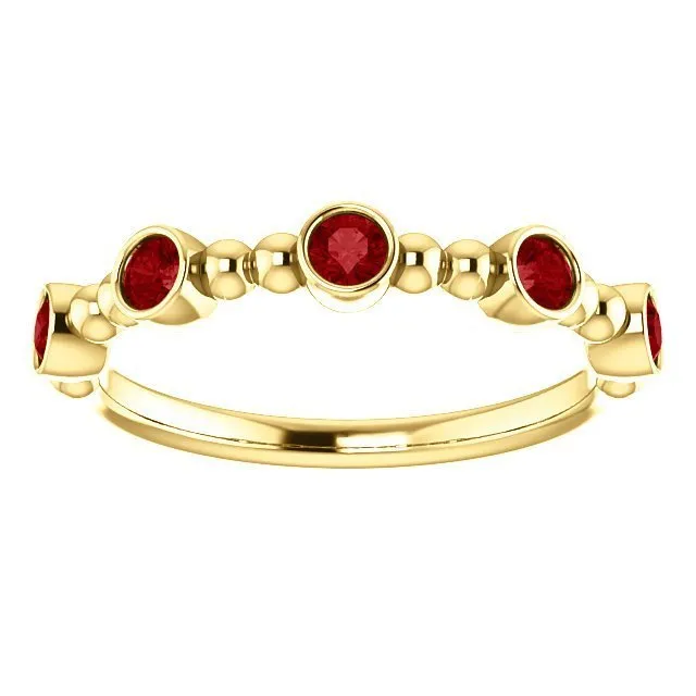 14KT GOLD 0.45 CTW RUBY BEZEL-SET 5 STONE BEADED STACKABLE RING