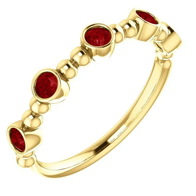 14KT GOLD 0.45 CTW RUBY BEZEL-SET 5 STONE BEADED STACKABLE RING