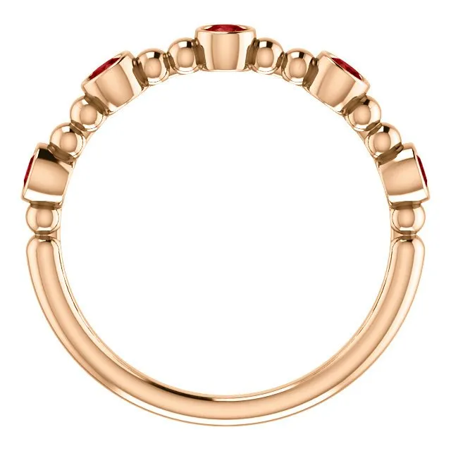 14KT GOLD 0.45 CTW RUBY BEZEL-SET 5 STONE BEADED STACKABLE RING