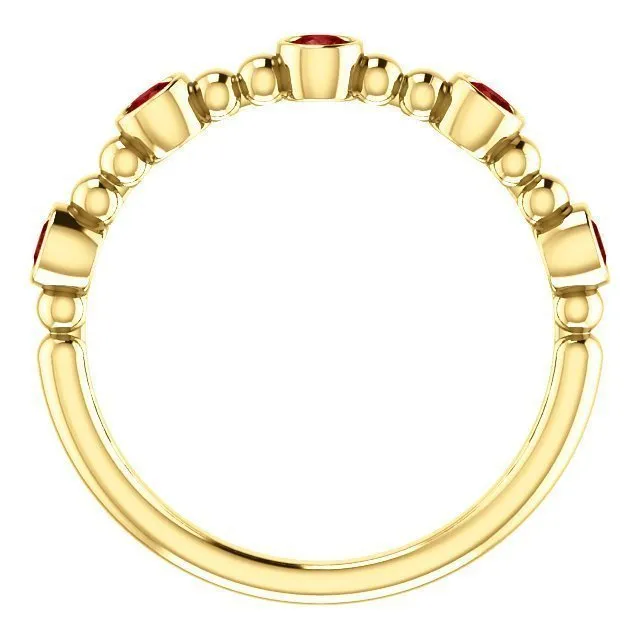 14KT GOLD 0.45 CTW RUBY BEZEL-SET 5 STONE BEADED STACKABLE RING