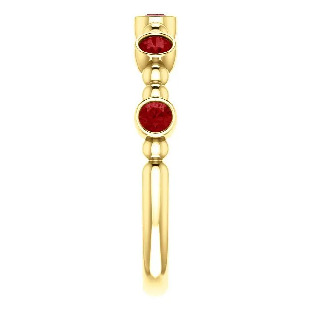 14KT GOLD 0.45 CTW RUBY BEZEL-SET 5 STONE BEADED STACKABLE RING
