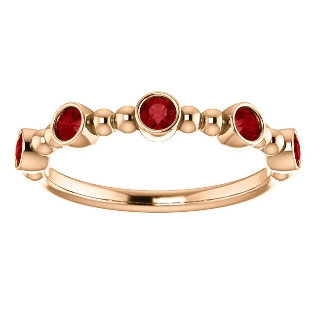 14KT GOLD 0.45 CTW RUBY BEZEL-SET 5 STONE BEADED STACKABLE RING
