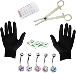 15Pcs Professional Kit with Navel Rings and Gloves Durable Belly Button Set Random Colors for Flexible Jewelry