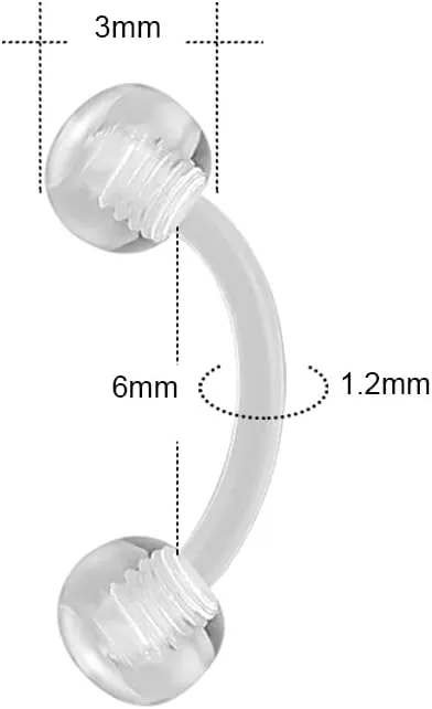 16g Curved Barbell Bridge Eyebrow Piercing Retainer Jewelry, Snake Eyes Tongue Rings, Bioflex Plastic Clear Piercing Retainer Belly Button Ring, Labret Rook Helix Tragus Piercing Earring Jewelry 6-12mm