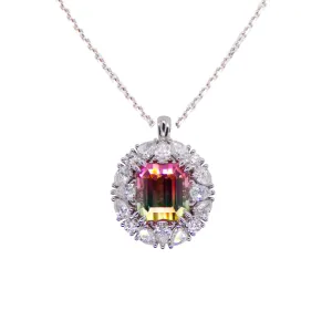 18ct White Gold Emerald Cut Cantaloupe Tourmaline Pendant with Pear Cut Diamond Halo