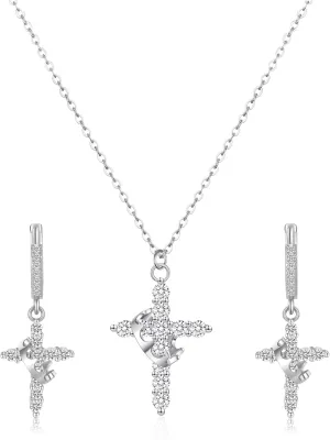 18K Gold Plated Cross Necklace and Earrings Set for Women, Christian Jewelry with Crown & Thorns, Diamond Cross Earrings, Jesus Necklaces, Faith Jewelry Gift for Wome