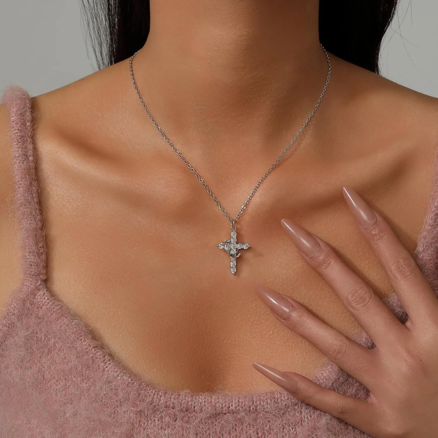 18K Gold Plated Cross Necklace and Earrings Set for Women, Christian Jewelry with Crown & Thorns, Diamond Cross Earrings, Jesus Necklaces, Faith Jewelry Gift for Wome