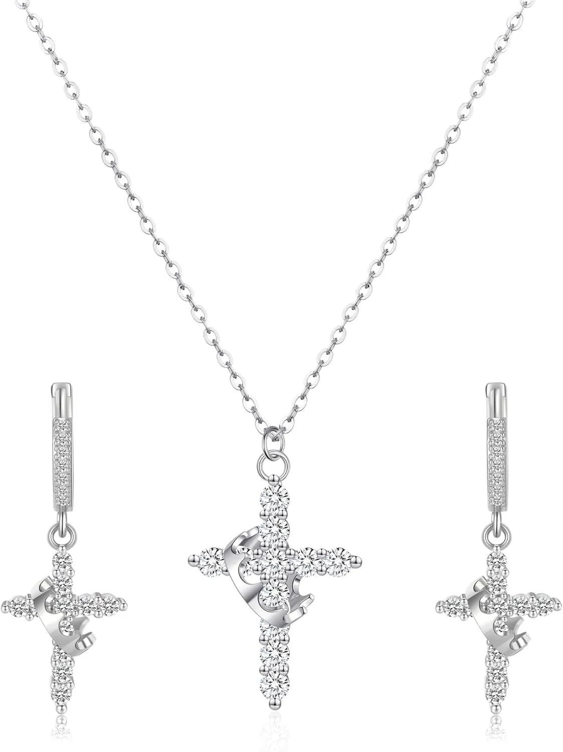 18K Gold Plated Cross Necklace and Earrings Set for Women, Christian Jewelry with Crown & Thorns, Diamond Cross Earrings, Jesus Necklaces, Faith Jewelry Gift for Wome