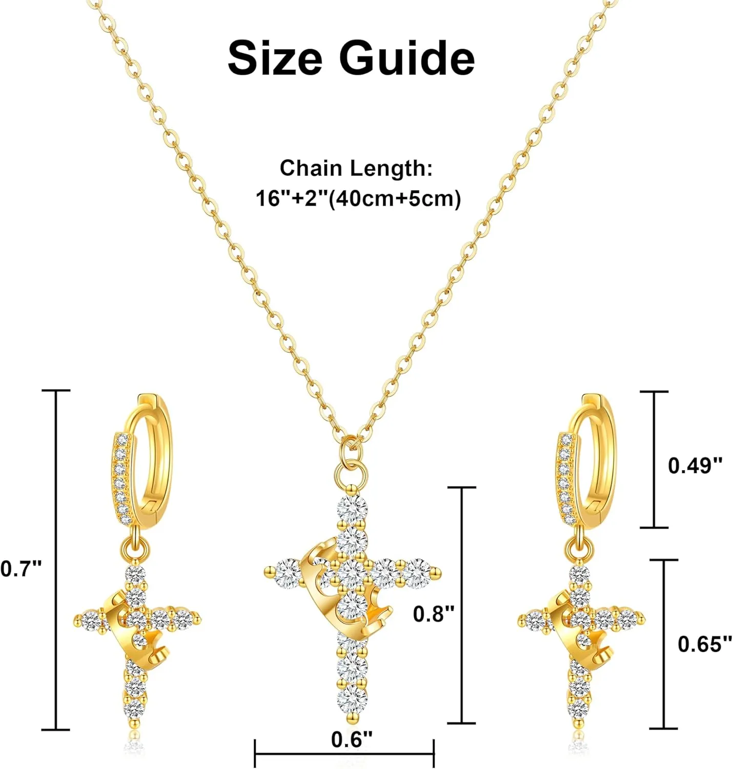 18K Gold Plated Cross Necklace and Earrings Set for Women, Christian Jewelry with Crown & Thorns, Diamond Cross Earrings, Jesus Necklaces, Faith Jewelry Gift for Wome