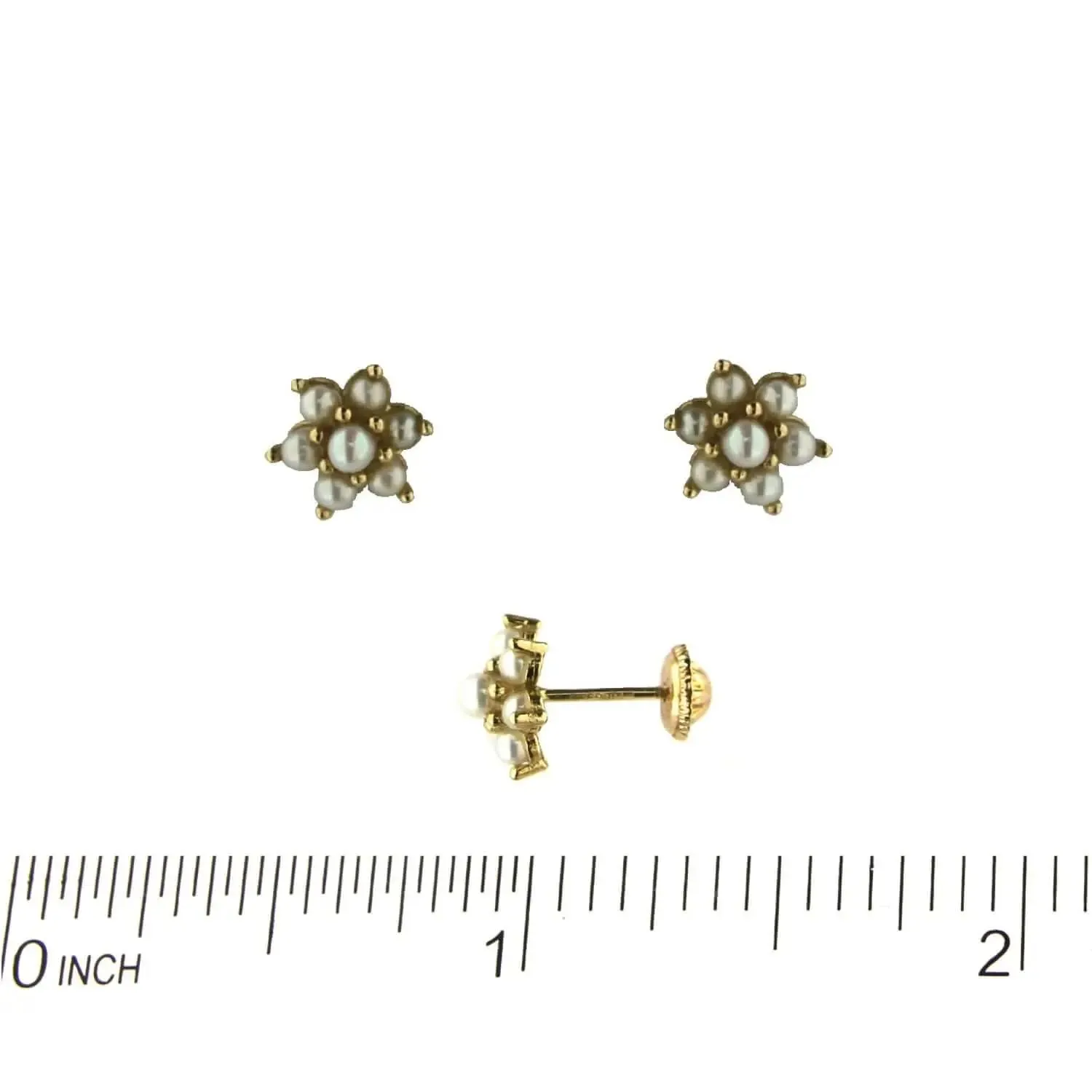 18K Solid Yellow Gold Pearl Flower Screwback Earrings