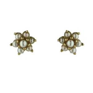 18K Solid Yellow Gold Pearl Flower Screwback Earrings