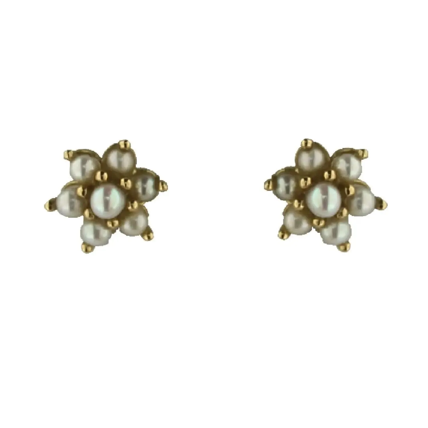 18K Solid Yellow Gold Pearl Flower Screwback Earrings